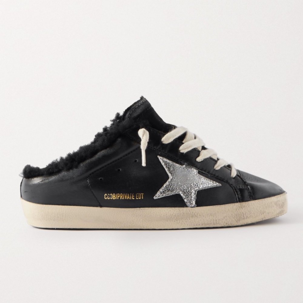 Golden Goose Black Leather Star Slip-On Sneaker with Silver Star